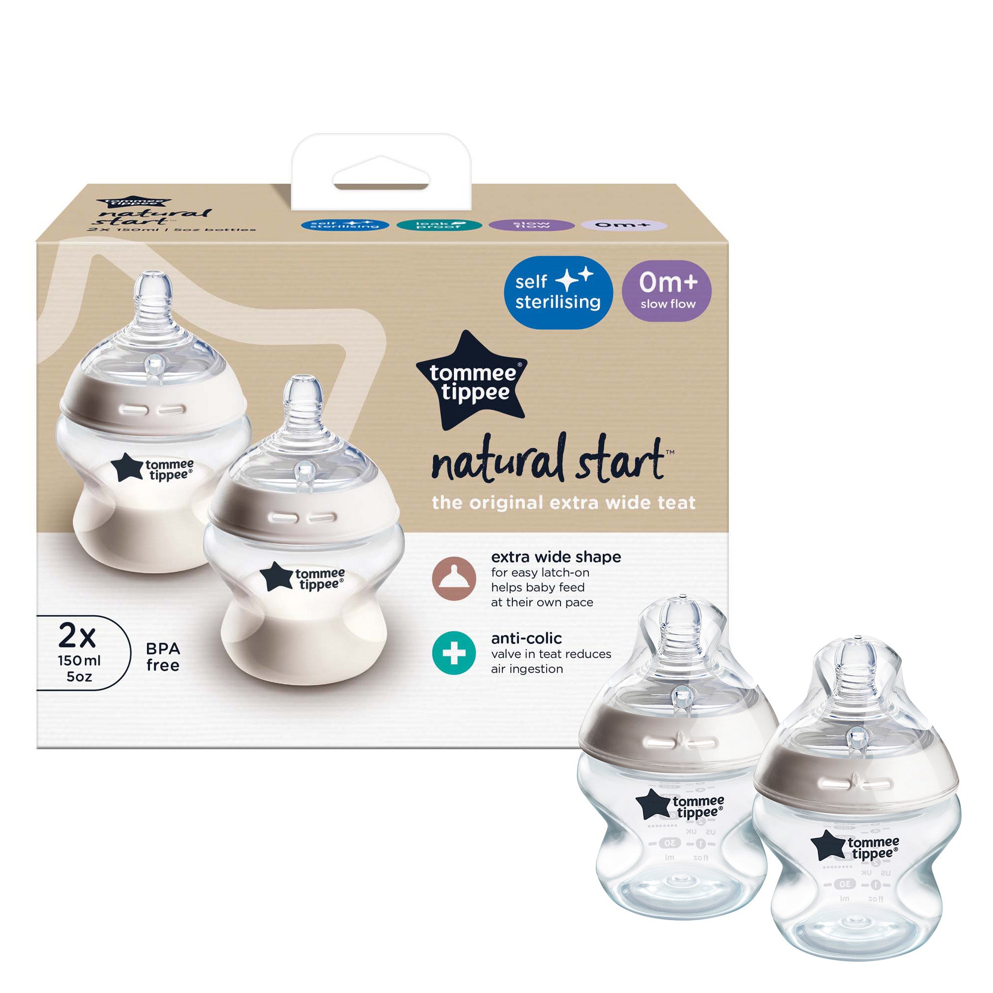Tomme Tippee Natural Start 150ml Self Sterilising Bottle 2pk