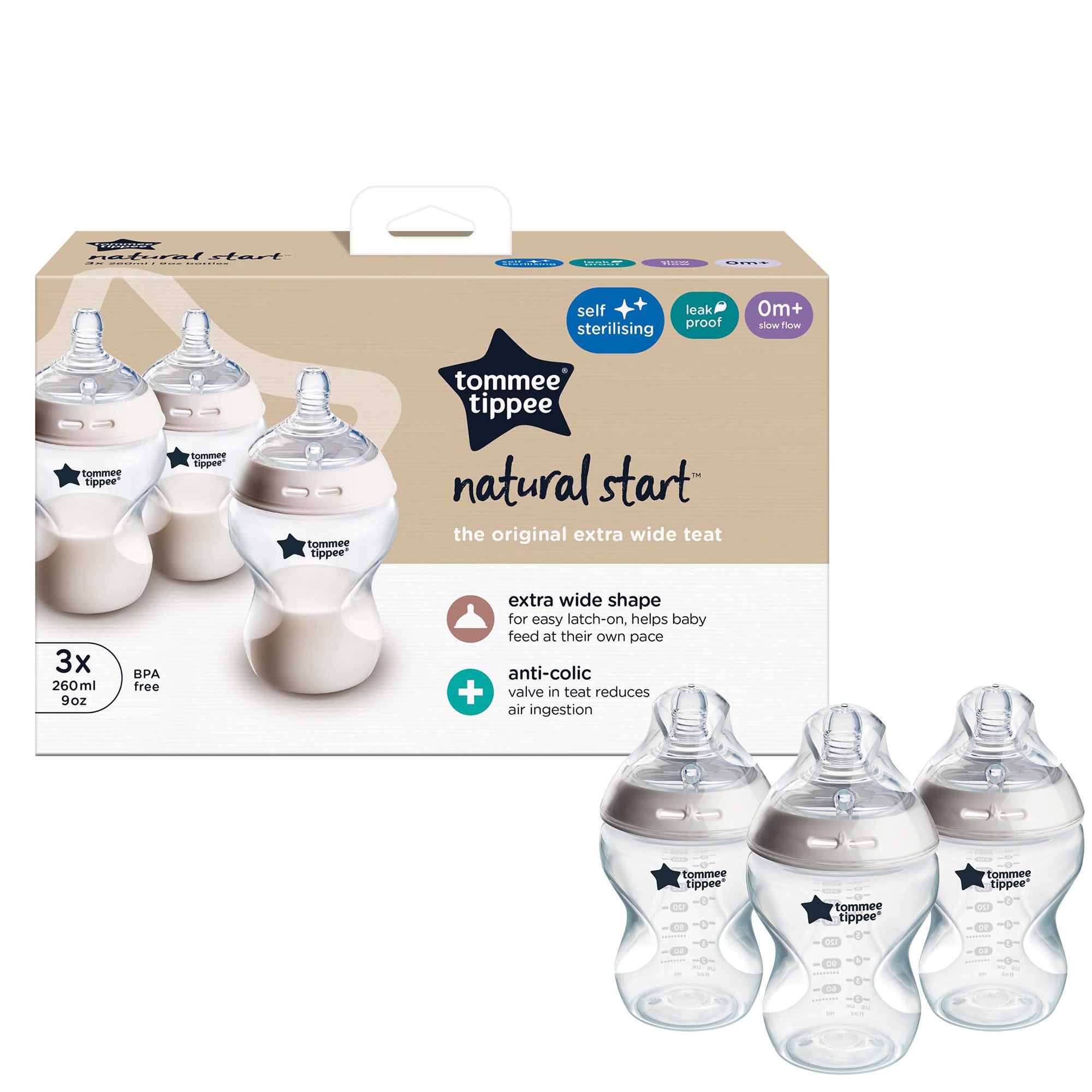 Tommee Tippee Natural Start 260ml Self Sterilising Bottle 3pk