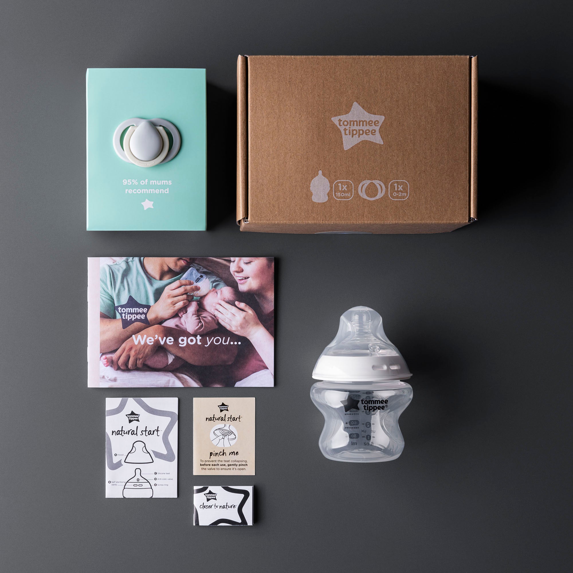 Tommee Tippee Starter Pack - 150ml Bottle & 0-2m Soother
